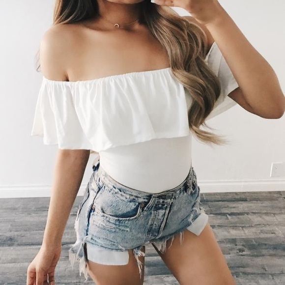 G by Guess Tops - G by Guess White Ruffle Off Shoulder Bodysuit
